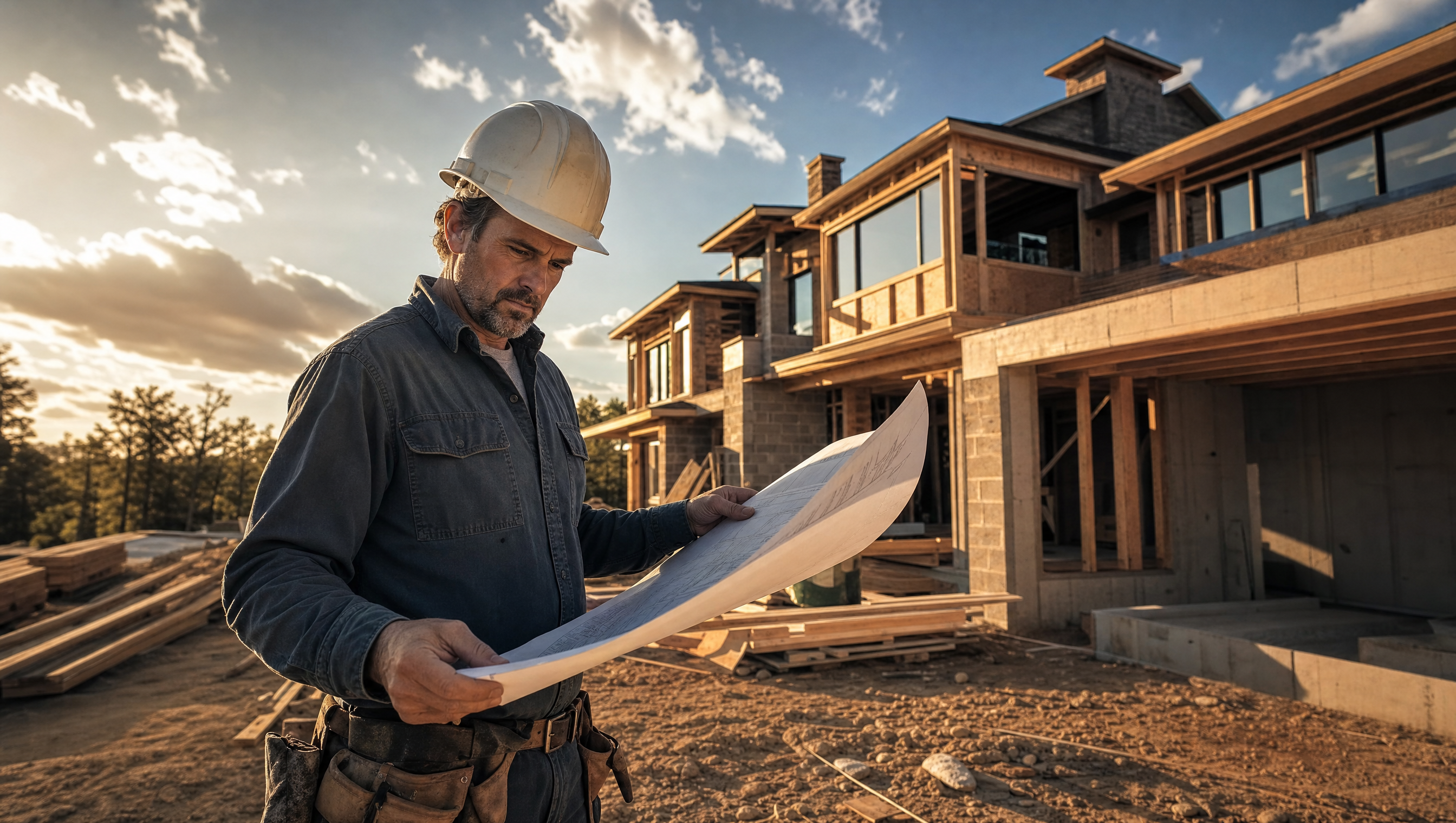 Contractor reviewing blueprints at a residential job site