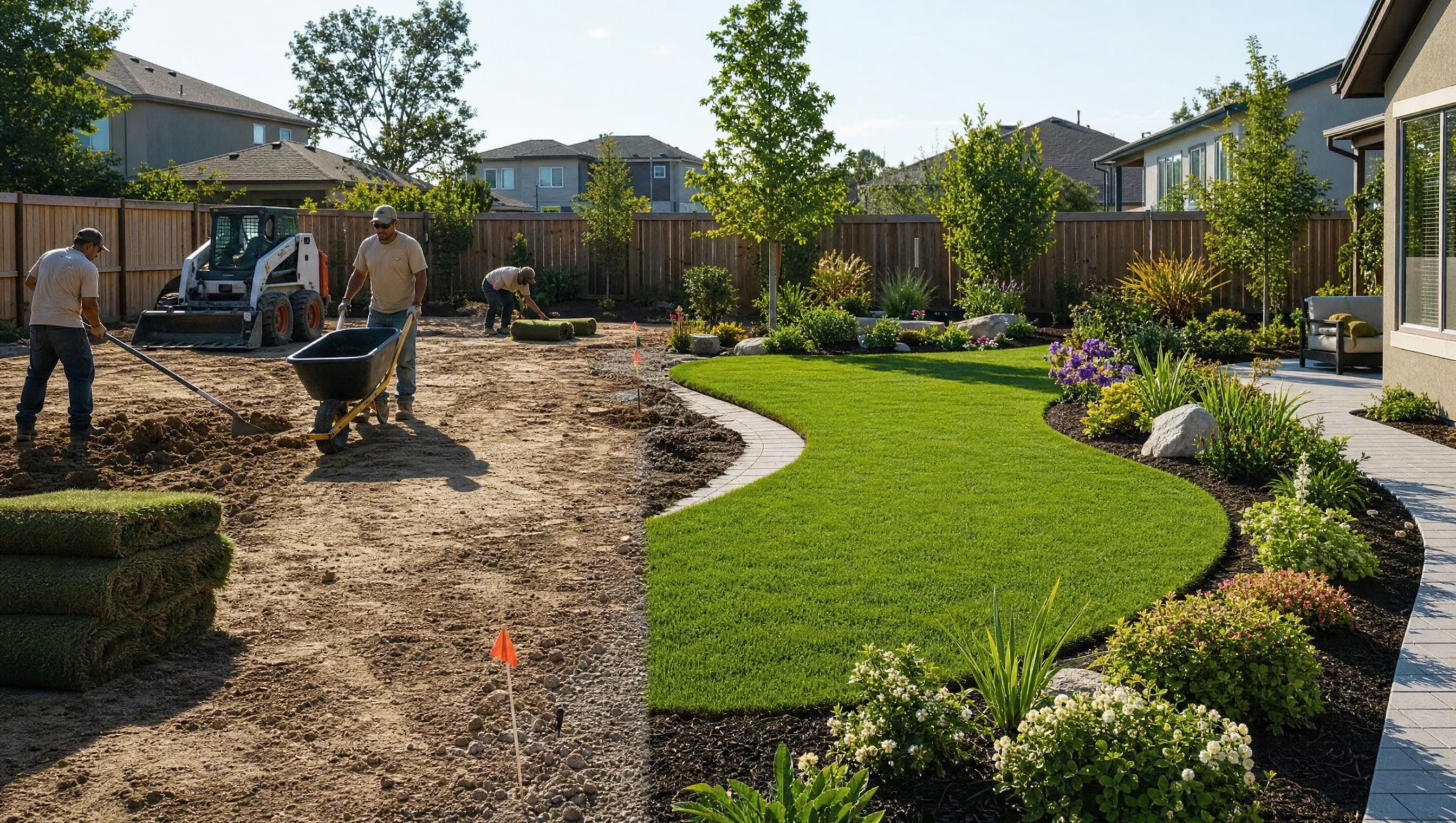 Landscaping crew transforming a backyard with professional equipment