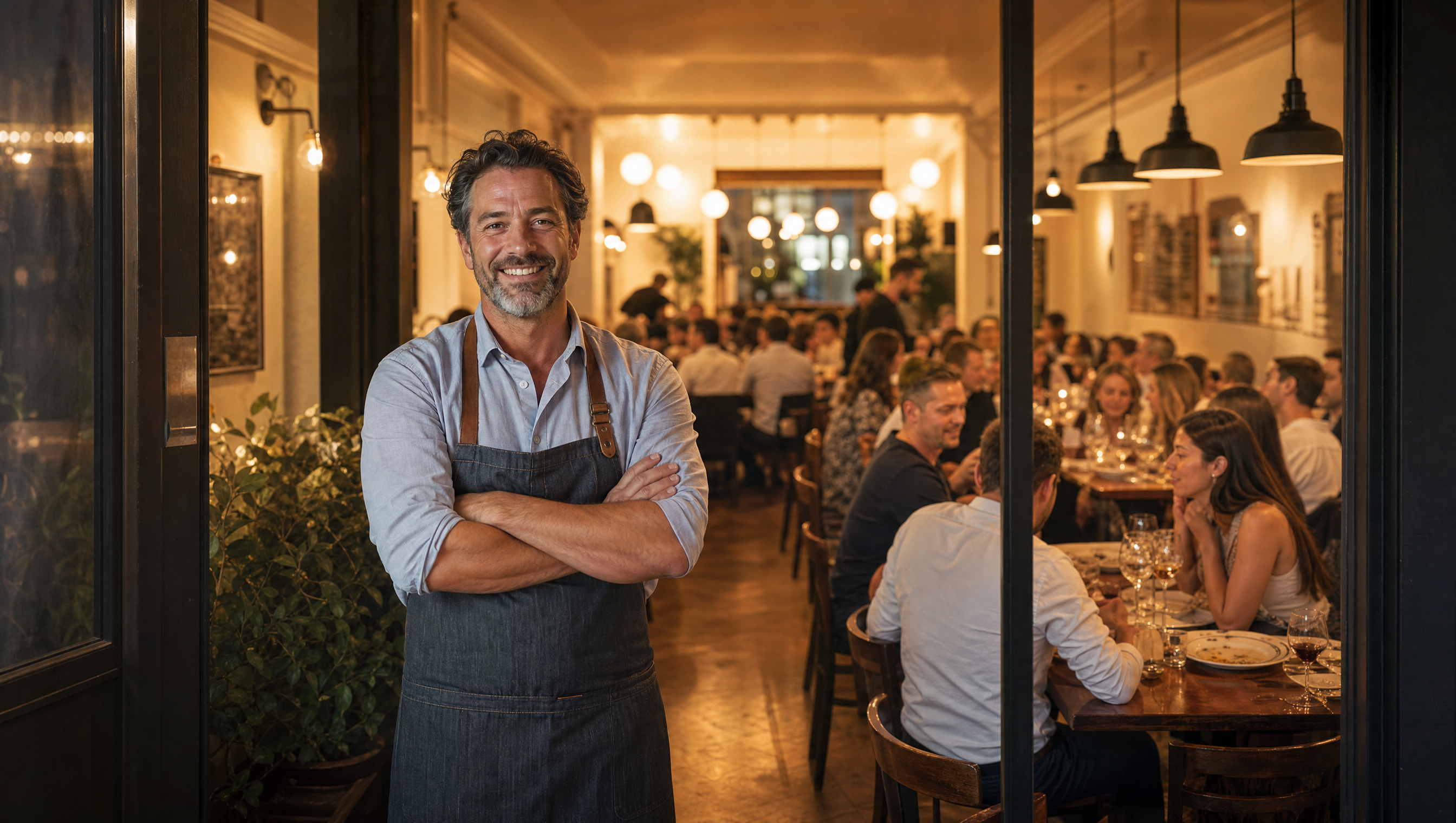 Restaurant owner in front of a full dining room