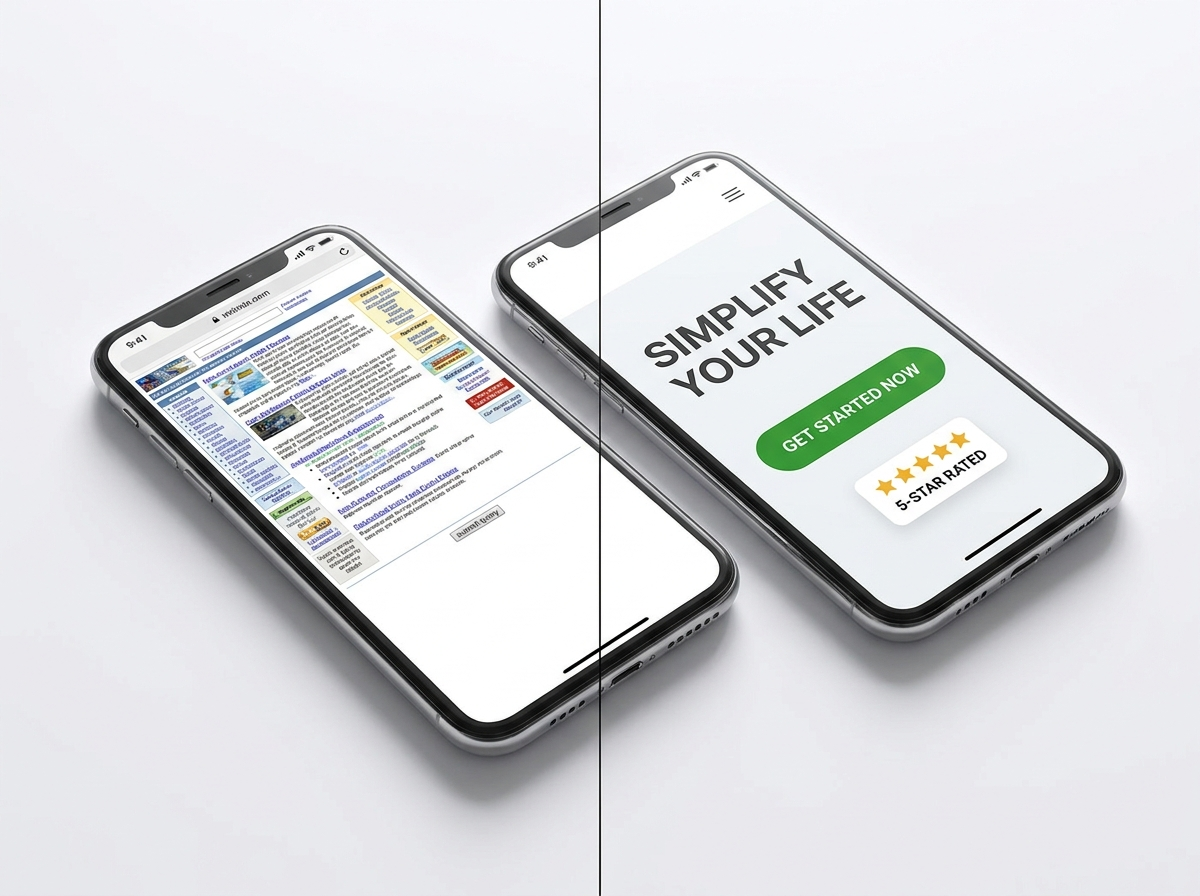 Before and after website redesign comparison on smartphones