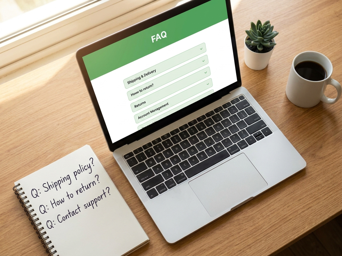 FAQ webpage on laptop with notepad
